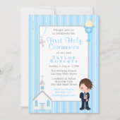 ファーストコミュニオンブルーストライプズブラウンヘアボーイインビタ 招待状 (正面)