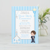 ファーストコミュニオンブルーストライプズブラウンヘアボーイインビタ 招待状 (スタンド正面)