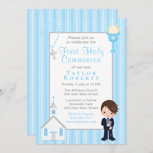 ファーストコミュニオンブルーストライプズブラウンヘアボーイインビタ 招待状 (正面/裏面)
