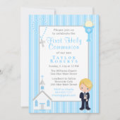 ファーストコミュニオンブルーストライプズブロンドヘアボーイ 招待状 (正面)