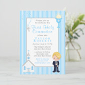 ファーストコミュニオンブルーストライプズブロンドヘアボーイ 招待状 (スタンド正面)