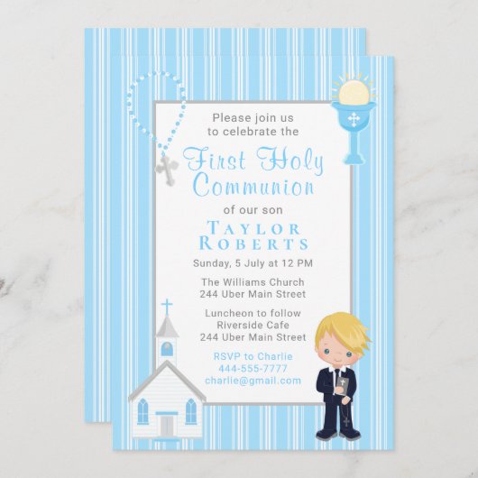 ファーストコミュニオンブルーストライプズブロンドヘアボーイ 招待状 (正面/裏面)