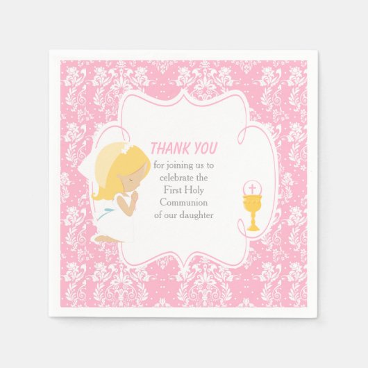 ファーストコミュニオンブロンドガールピンクダマスク スタンダードカクテルナプキン (正面)