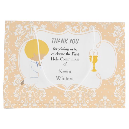 ファーストコミュニオンブロンドボーイピーチダマスク ラージペーパーバッグ (裏面)