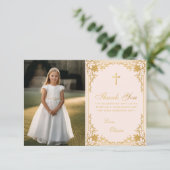 ファーストコミュニオンヴィンテージガールフォトピンク金ゴールド サンキューカード (スタンド正面)