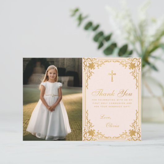 ファーストコミュニオンヴィンテージガールフォトピンク金ゴールド サンキューカード (スタンド正面)