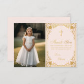 ファーストコミュニオンヴィンテージガールフォトピンク金ゴールド サンキューカード (正面/裏面)