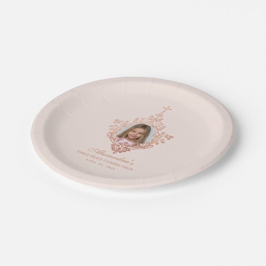 ファーストコミュニオン赤面ピンクローズ金ゴールドガールフォト ペーパープレート (アングル)