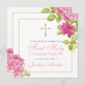 ファーストコミュニオン金ゴールドクロスピンクロセスフローラ 招待状 (正面/裏面)