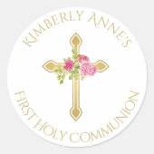 ファーストコミュニオン金ゴールドクロスピンクローズモノグラムの ラウンドシール (正面)