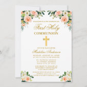 ファーストコミュニオン金ゴールド水カラーピーチホワイトフローラ 招待状 (正面)