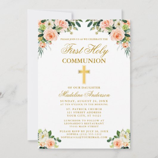 ファーストコミュニオン金ゴールド水カラーピーチホワイトフローラ 招待状 (正面)