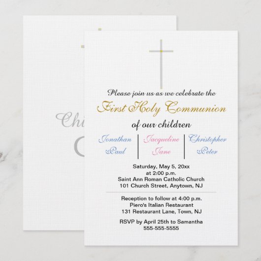 ファーストコミュニオン 三つ子 ピンク ブルー ゴールド 招待状 (正面/裏面)