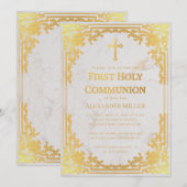 ファーストコミュニオン 偽金 ヴィンテージ エレガント 大理石 招待状 (正面/裏面)