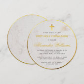 ファーストコミュニオン 大理石スクリプト 偽金箔 ラウンド 招待状 (正面/裏面)