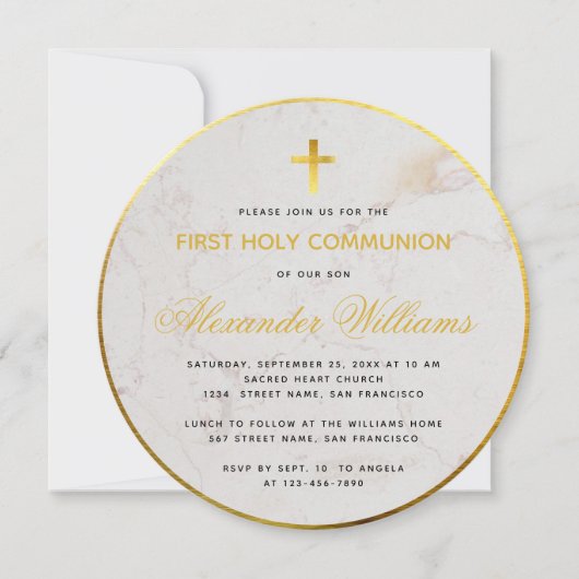 ファーストコミュニオン 大理石スクリプト 偽金箔 ラウンド 招待状 (正面)