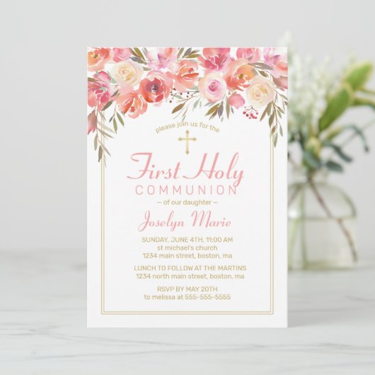 ファーストコミューニオンウォーターカラーフローラ赤面ピンクローズ 招待状 (スタンド正面)