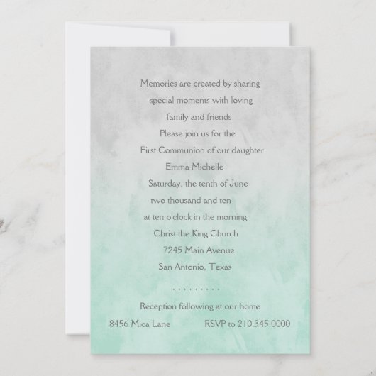 ファーストコミューニオンウォーター色クロスグレーとミント 招待状 (裏面)