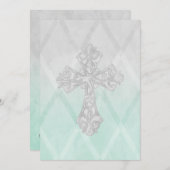 ファーストコミューニオンウォーター色クロスグレーとミント 招待状 (正面/裏面)