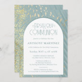 ファーストコミューニオンダスティブルー金ゴールドグリッターダストアーチ 招待状 (正面/裏面)