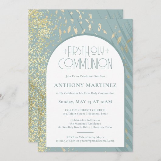 ファーストコミューニオンダスティブルー金ゴールドグリッターダストアーチ 招待状 (正面/裏面)