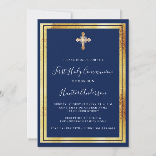 ファーストコミューニオンネイビー金ゴールドクロス贅沢 招待状 (正面)
