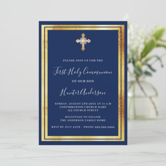 ファーストコミューニオンネイビー金ゴールドクロス贅沢 招待状 (スタンド正面)