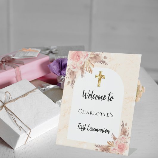 ファーストコミューニオンバラ金ゴールドピーチアーチウェルカム 台座サイン