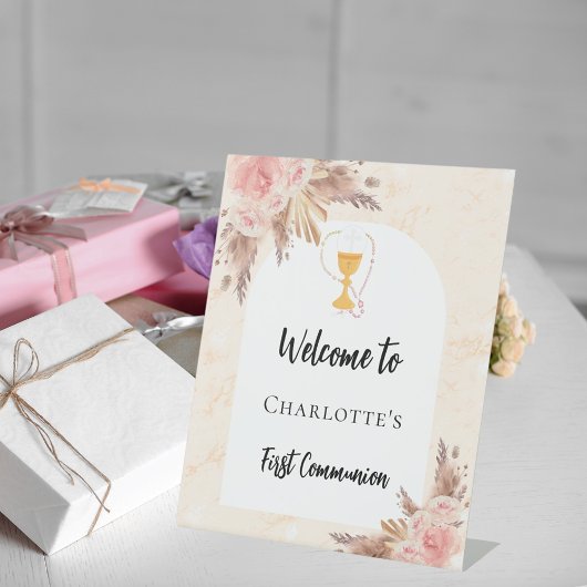 ファーストコミューニオンバラ金ゴールドピーチアーチウェルカム 台座サイン