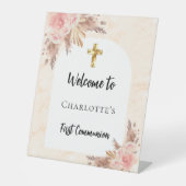 ファーストコミューニオンバラ金ゴールドピーチアーチウェルカム 台座サイン (正面)