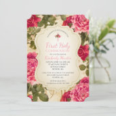 ファーストコミューニオンピンクヴィンテージローズフローラ 招待状 (スタンド正面)