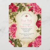 ファーストコミューニオンピンクヴィンテージローズフローラ 招待状 (正面/裏面)