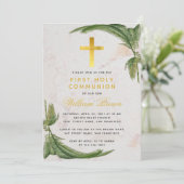 ファーストコミューニオンファーングリーンリー金ゴールドクロス大理石 招待状 (スタンド正面)