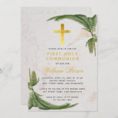 ファーストコミューニオンファーングリーンリー金ゴールドクロス大理石 招待状 (正面/裏面)