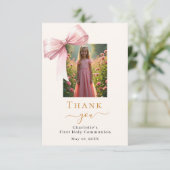 ファーストコミューニオンフォトピンクボウクリーム サンキューカード (スタンド正面)