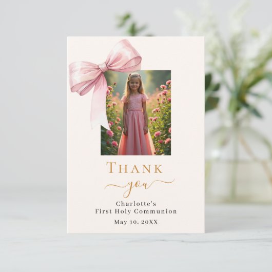 ファーストコミューニオンフォトピンクボウクリーム サンキューカード (スタンド正面)