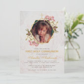 ファーストコミューニオンフォト金ゴールド大理石ピンクの蘭 招待状 (スタンド正面)