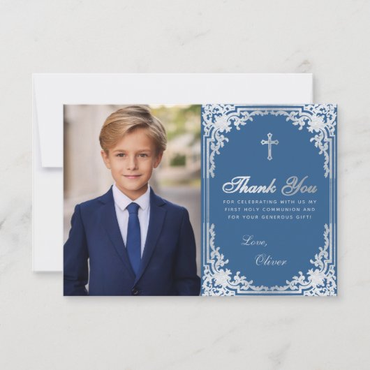 ファーストコミューンクラシックオンブルーボーイフォトヴィンテージ サンキューカード (正面)