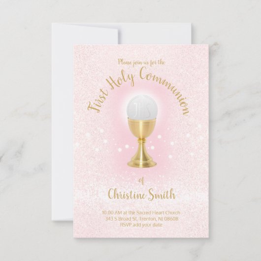 ファーストコミューンフェイクグリッターカトリックの女の子 招待状 (正面)