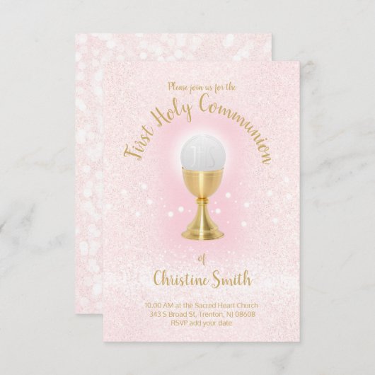 ファーストコミューンフェイクグリッターカトリックの女の子 招待状 (正面/裏面)