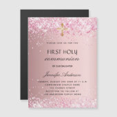 ファーストコミューン赤面ピンクグリッター贅沢 マグネット招待状 (正面/裏面)