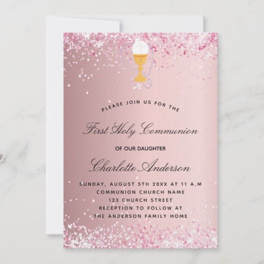 ファーストコミューン赤面ピンクグリッター贅沢 招待状 (正面)