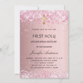 ファーストコミューン赤面ピンクグリッター贅沢 招待状 (正面)