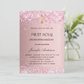 ファーストコミューン赤面ピンクグリッター贅沢 招待状 (スタンド正面)