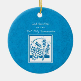 ファーストコミューン、小麦、ぶどうブルー セラミックオーナメント