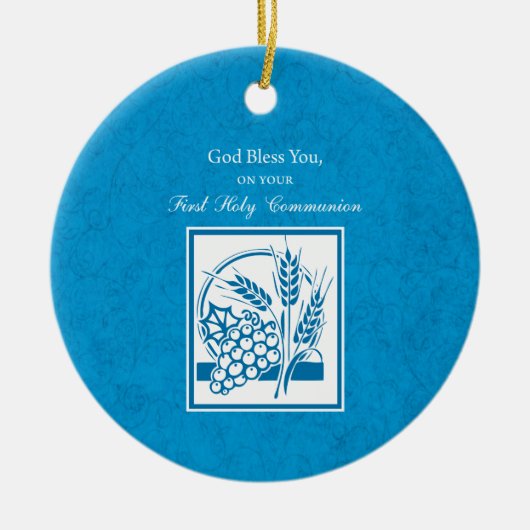 ファーストコミューン、小麦、ぶどうブルー セラミックオーナメント (正面)