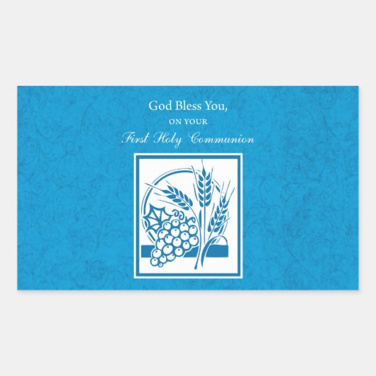 ファーストコミューン、小麦、ぶどうブルー 長方形シール (正面)