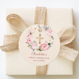 ファーストコムニオンDIY用に淡いピンクの花輪と象牙色の頬紅色のデザイン フェイバータグ