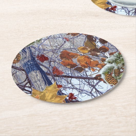 ファーストスノーウィンターフォレスト迷彩柄プリント ラウンドペーパーコースター (アングル)