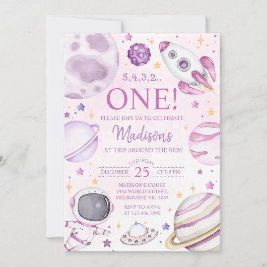 ファーストトリッのまわりにプザサンガール宇宙1st誕生日 招待状 (正面)